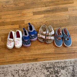 Floral sandals, purple and blue water shoes, white and pink slip ons